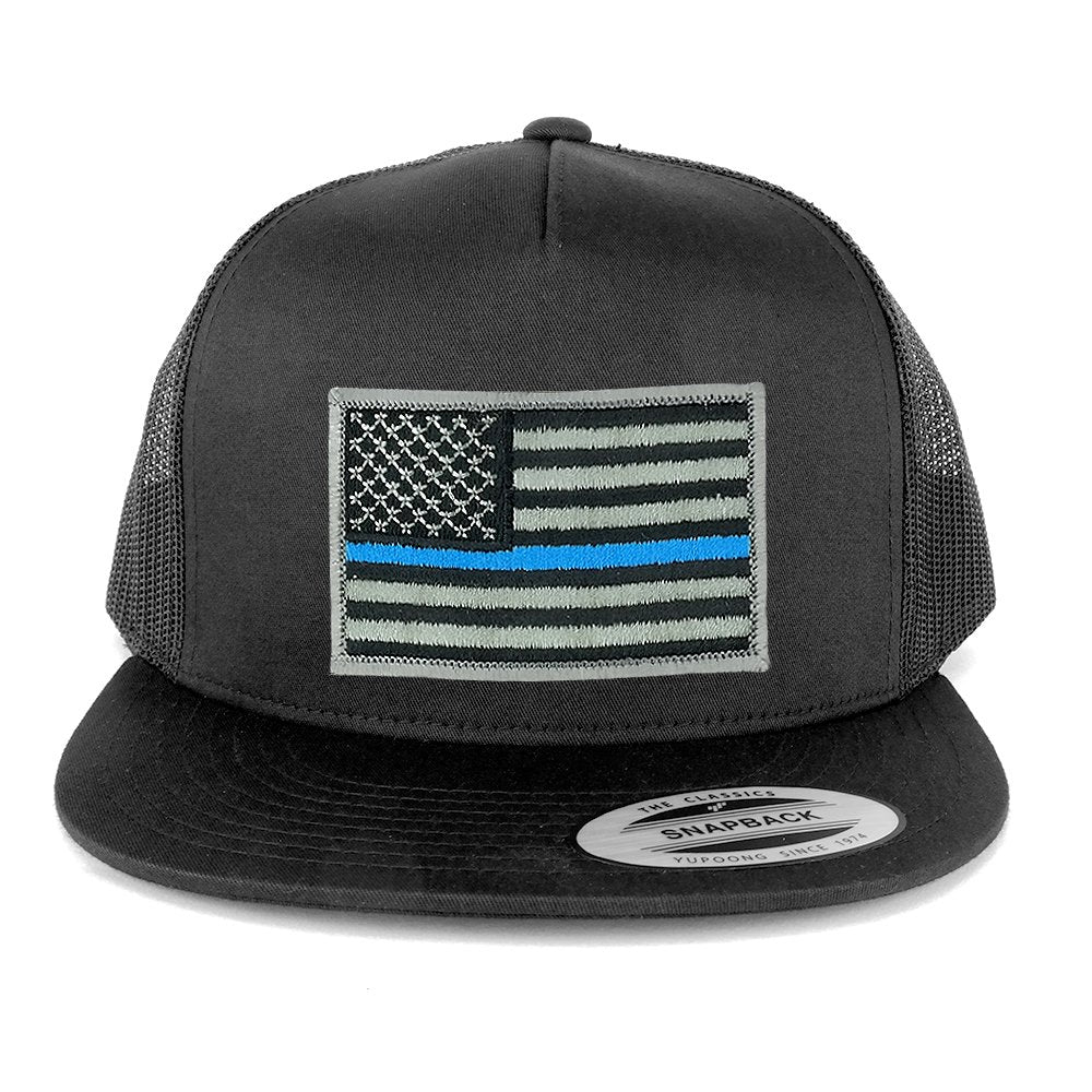 Armycrew Flexfit Oversize XXL Thin Blue Line USA Flag Patch 5 Panel Flatbill Snapback Mesh Cap