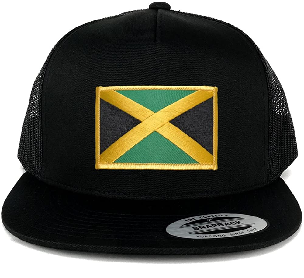 Flexfit 5 Panel Jamaica Flag Embroidered Iron On Patch Snapback Mesh Trucker Cap Black