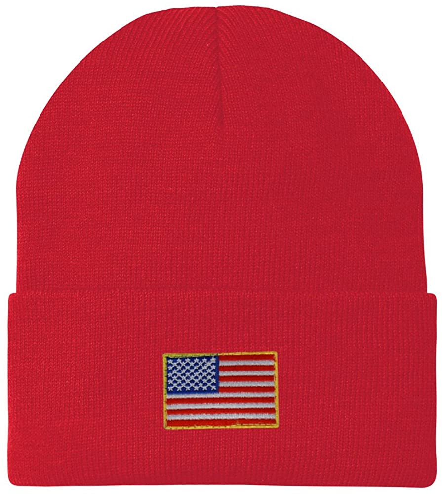 Armycrew Small American Flag Embroidered Patch Ribbed Cuffed Knit Beanie - Black