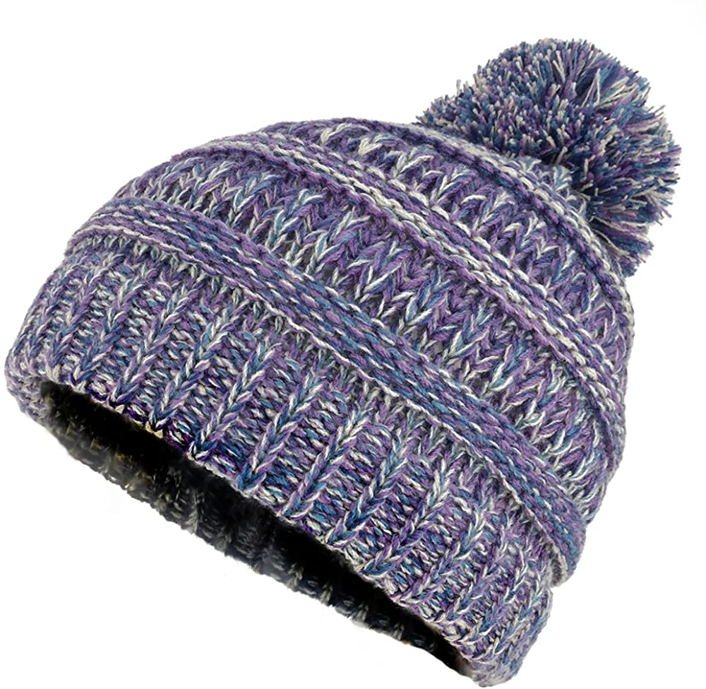 Armycrew Kids Cold Weather Multi Color Knit Beanie Hat with Pom Pom - HOT Pink White