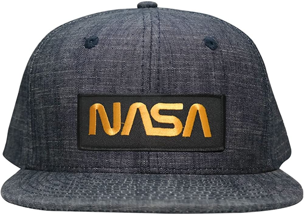 Armycrew NASA Worm Gold Text Embroidered Patch Washed Denim Snapback Cap - Black