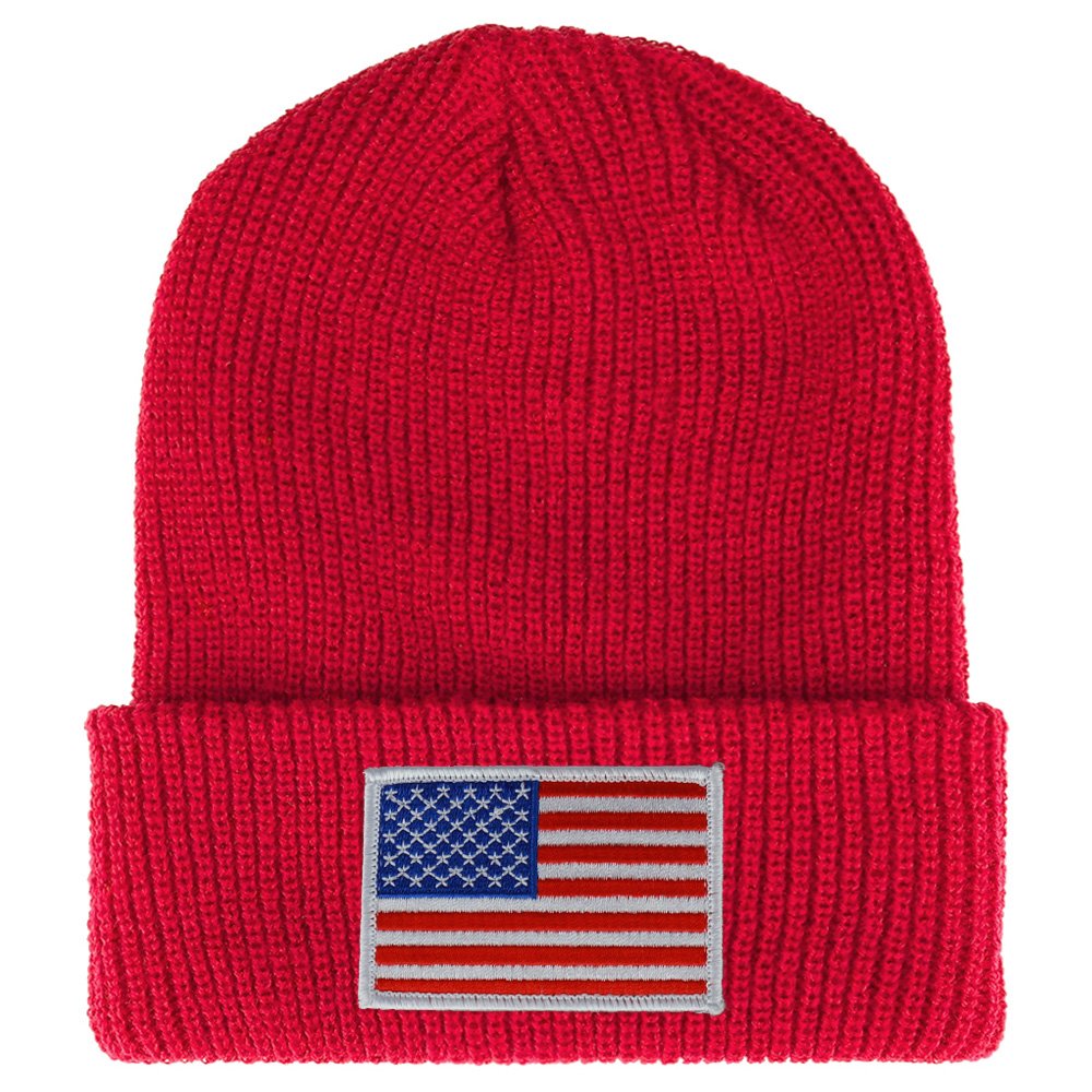 Armycrew White American Flag Embroidered Patch Ribbed Cuffed Knit Beanie - Black
