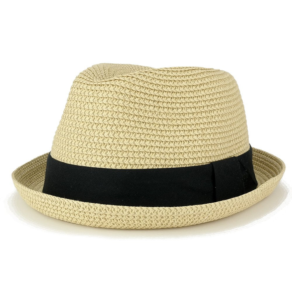 Men's Lightweight Crushable Upturn Brim Straw Fedora Hat - Beige - L Large / Beige