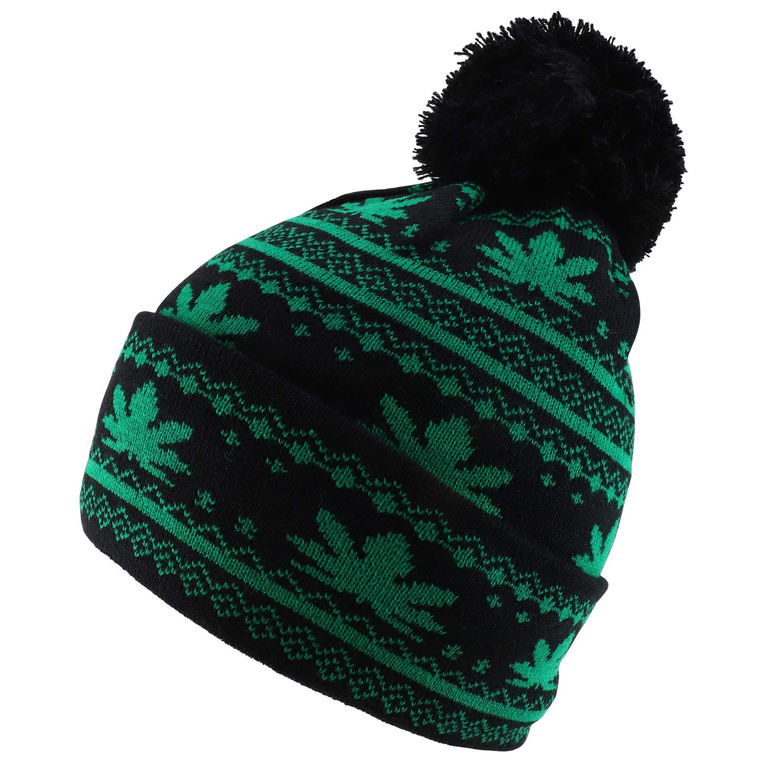 Marijuana Leafs Pom Pom Acrylic Beanie Hat - Kelly Green Black - WB071-86