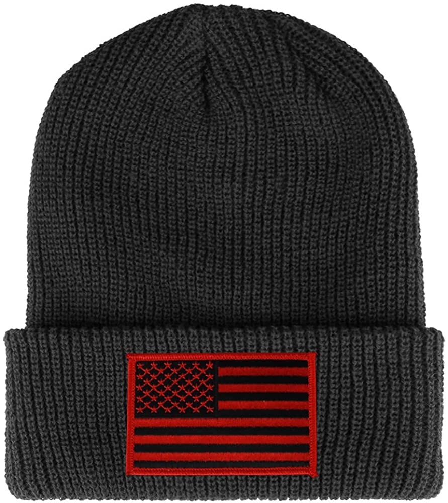 Armycrew Black RED American Flag Embroidered Patch Ribbed Cuffed Knit Beanie - Black