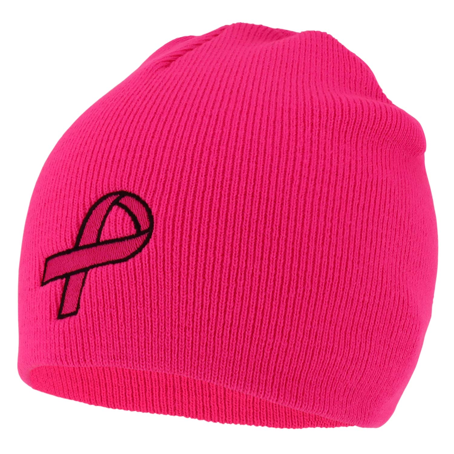 Armycrew Made in USA Large Breast Cancer Pink Ribbon Embroidered Short Beanie