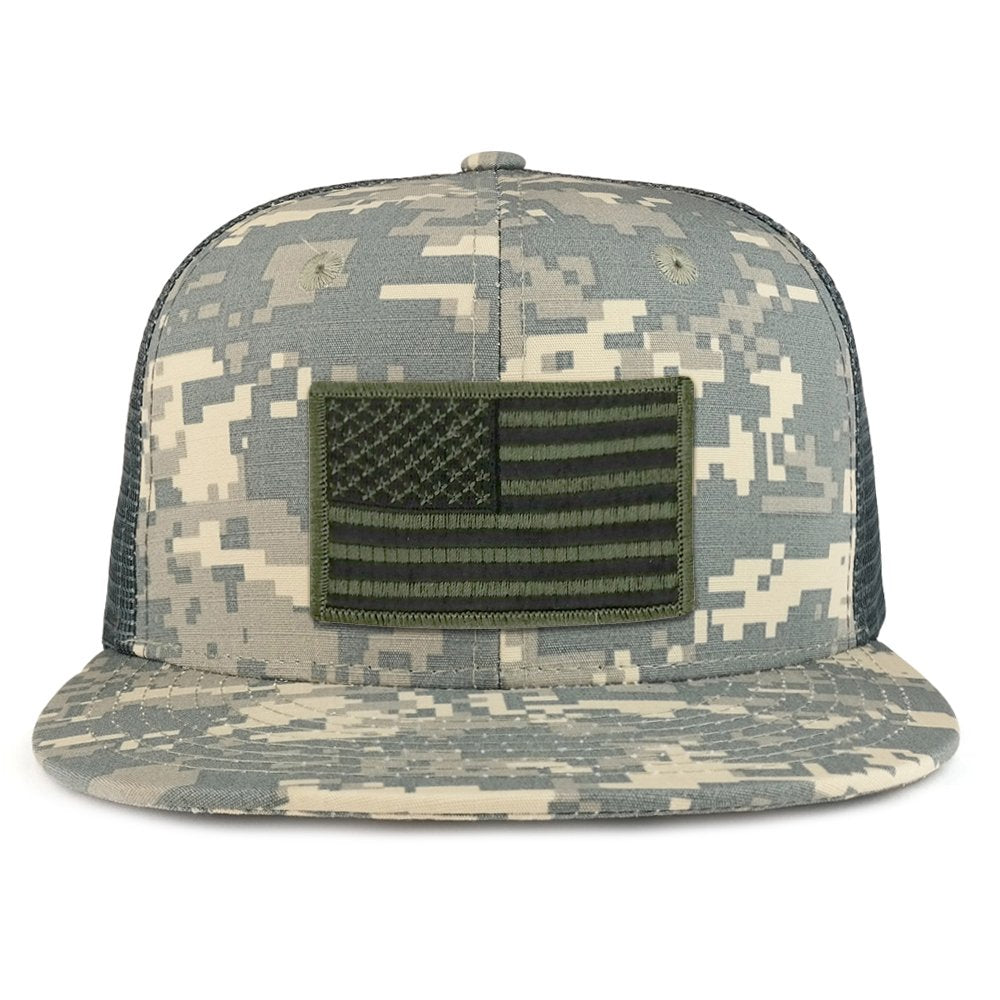 Black Olive American Flag Iron on Patch Flat Bill Ripstop Trucker Mesh Cap