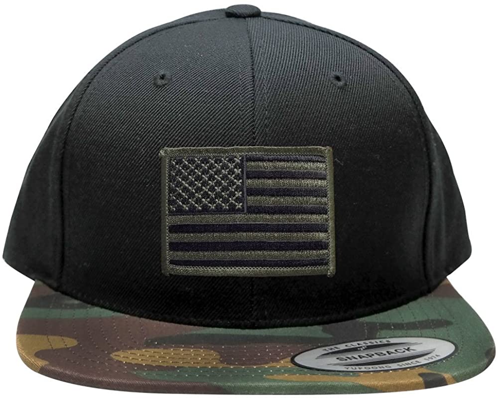 Flexfit Classic American Flag Patch Snapback Cap with Camo Visor - Black Grey