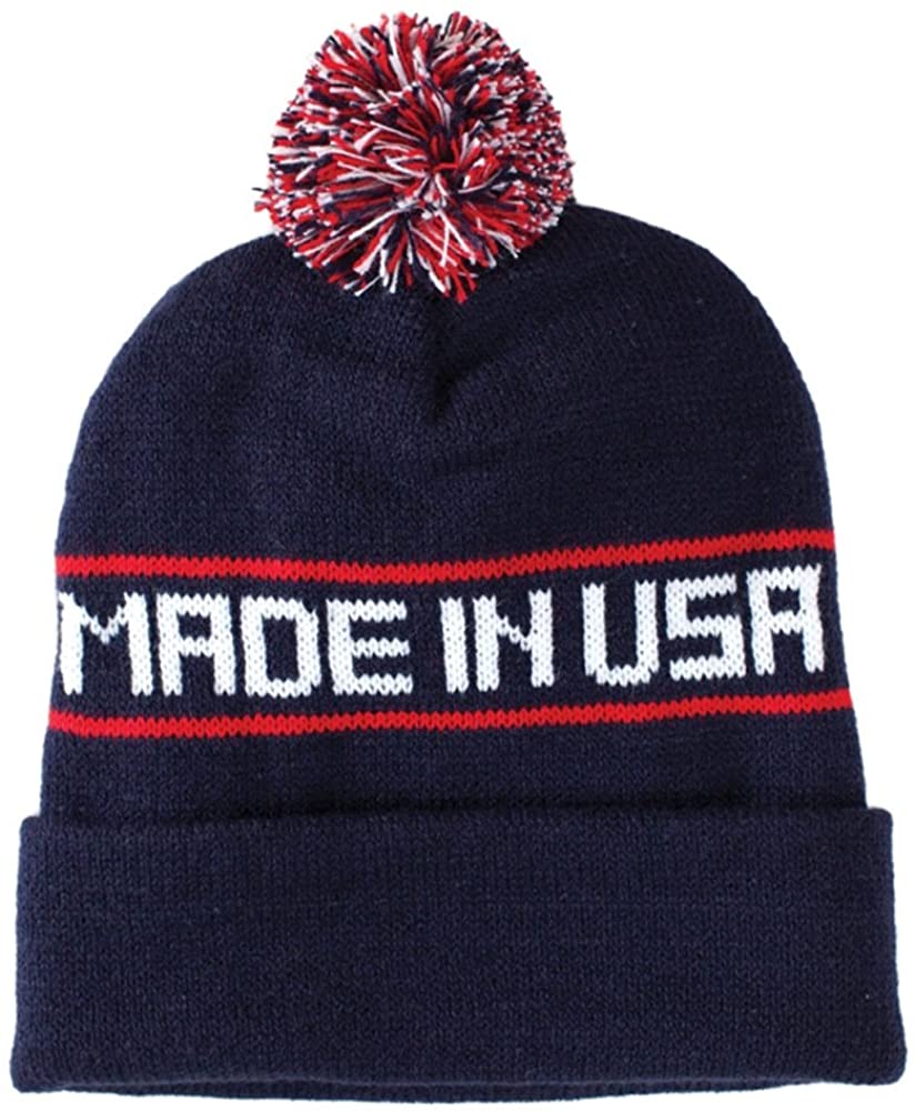 Made in USA Printed Cuff Beanie with Pom Pom - Navy