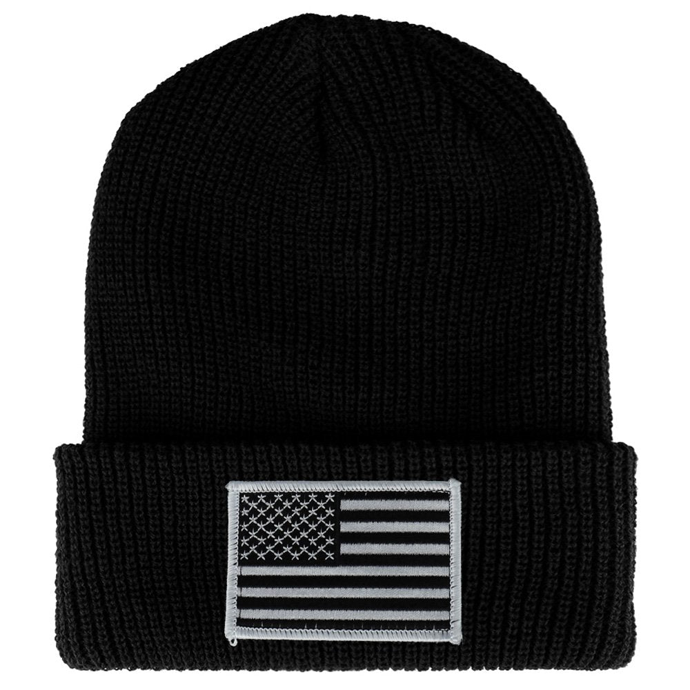 Armycrew Black White American Flag Embroidered Patch Ribbed Cuffed Knit Beanie - Black