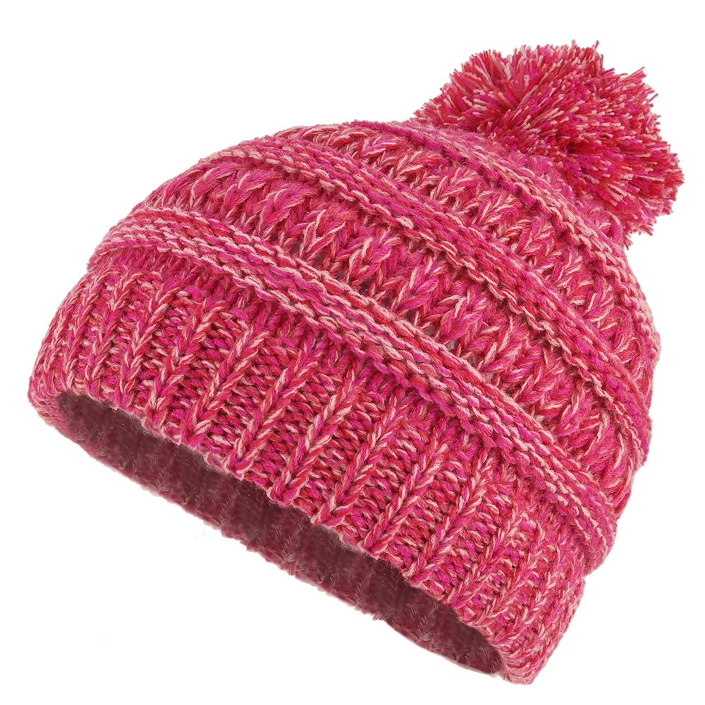 Armycrew Kids Cold Weather Multi Color Knit Beanie Hat with Pom Pom - HOT Pink White