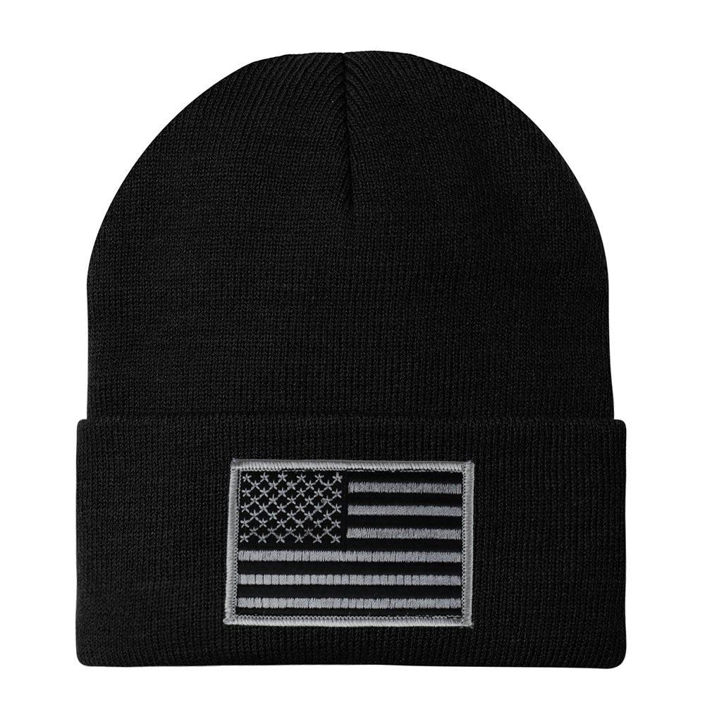 Made in USA - Black Grey American Flag Embroidered Patch Long Cuff Beanie