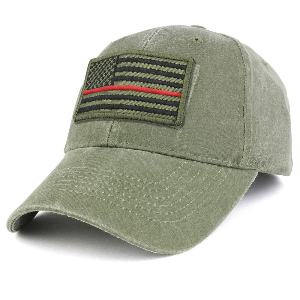Armycrew USA Olive Thin Red Flag Tactical Patch Cotton Adjustable Baseball Cap