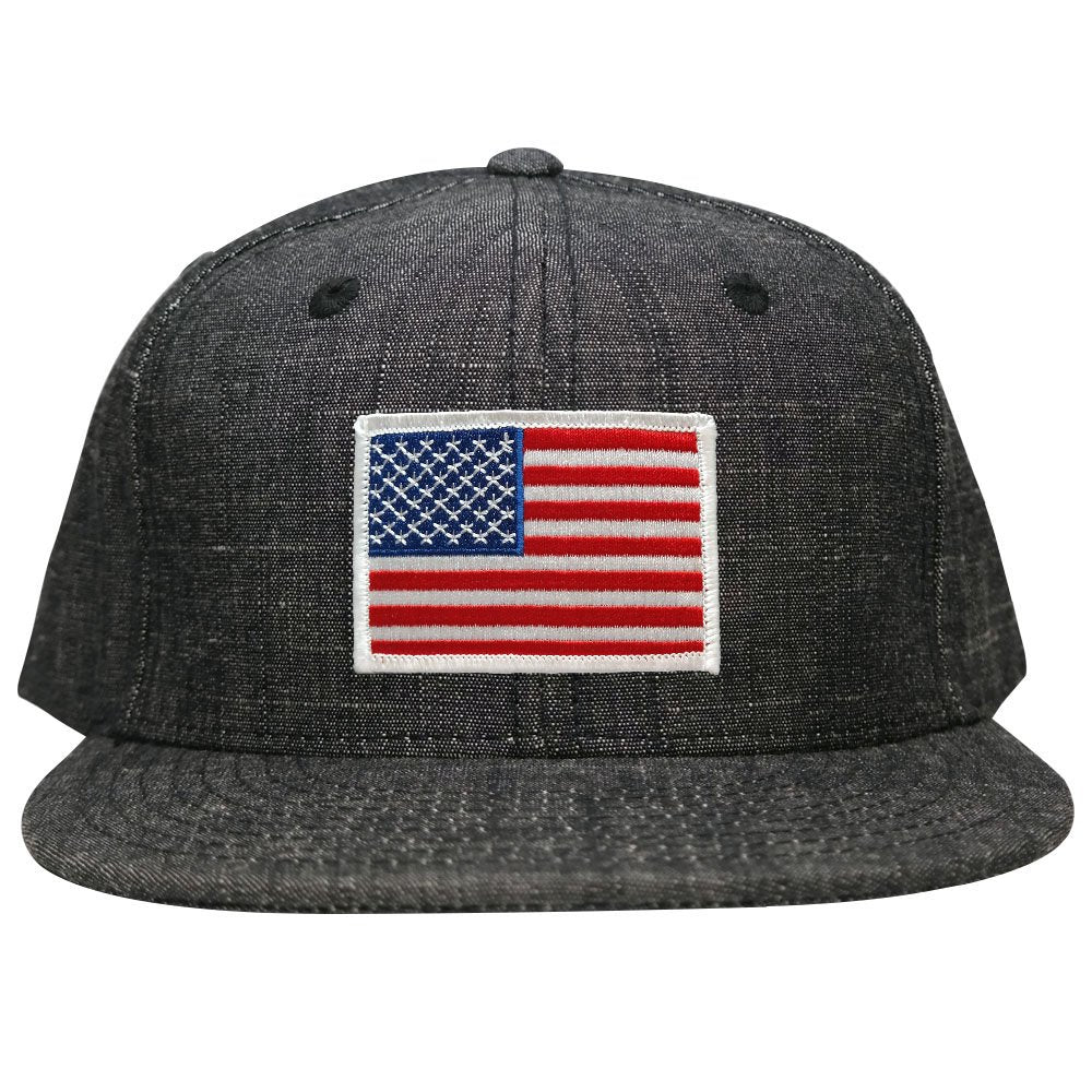 Washed Denim USA American Flag Embroidered Iron on Patch Snapback - BLK - Black Grey