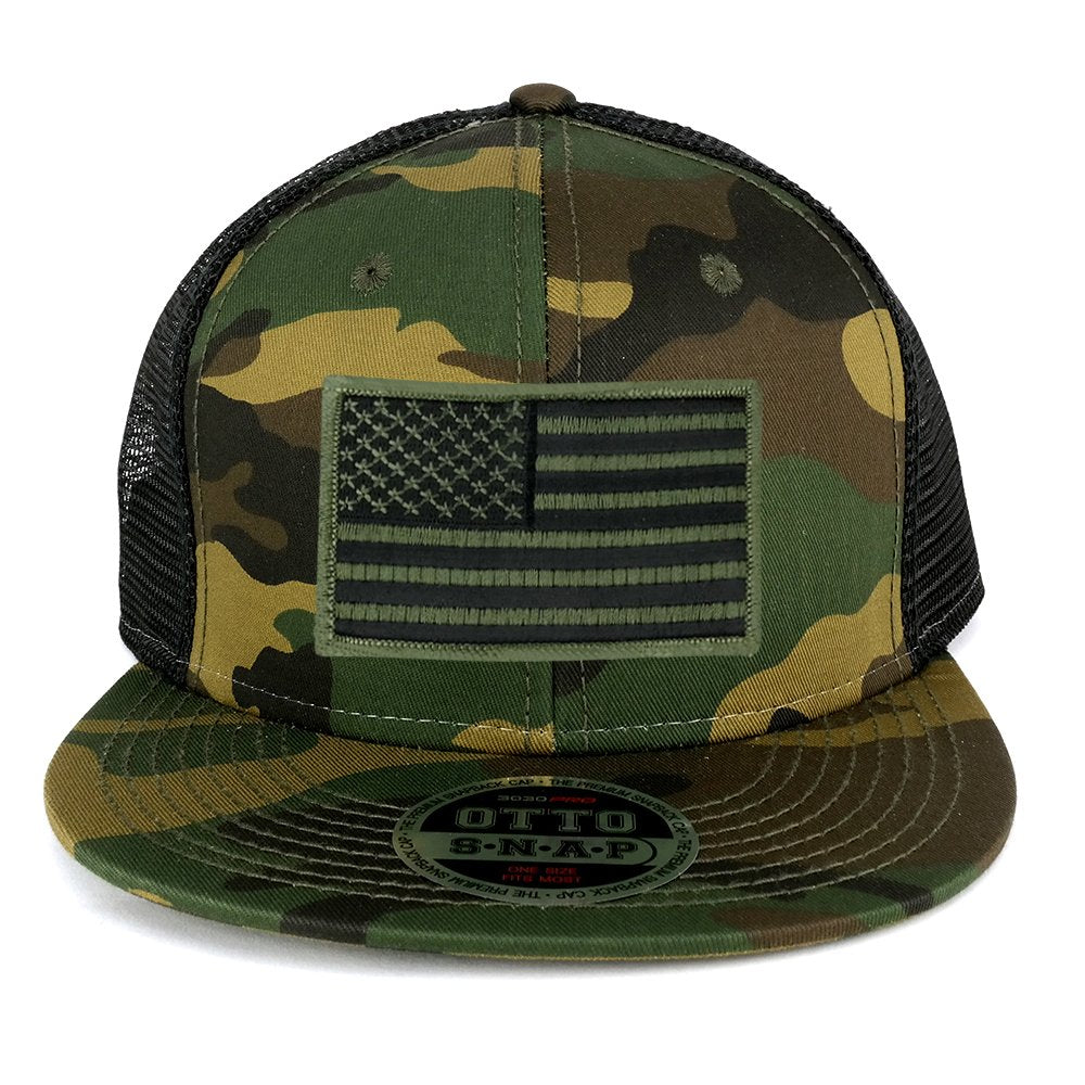 USA American Flag Iron On Patch Adjustable Camo Mesh Cap - CAMO Black - Black Grey