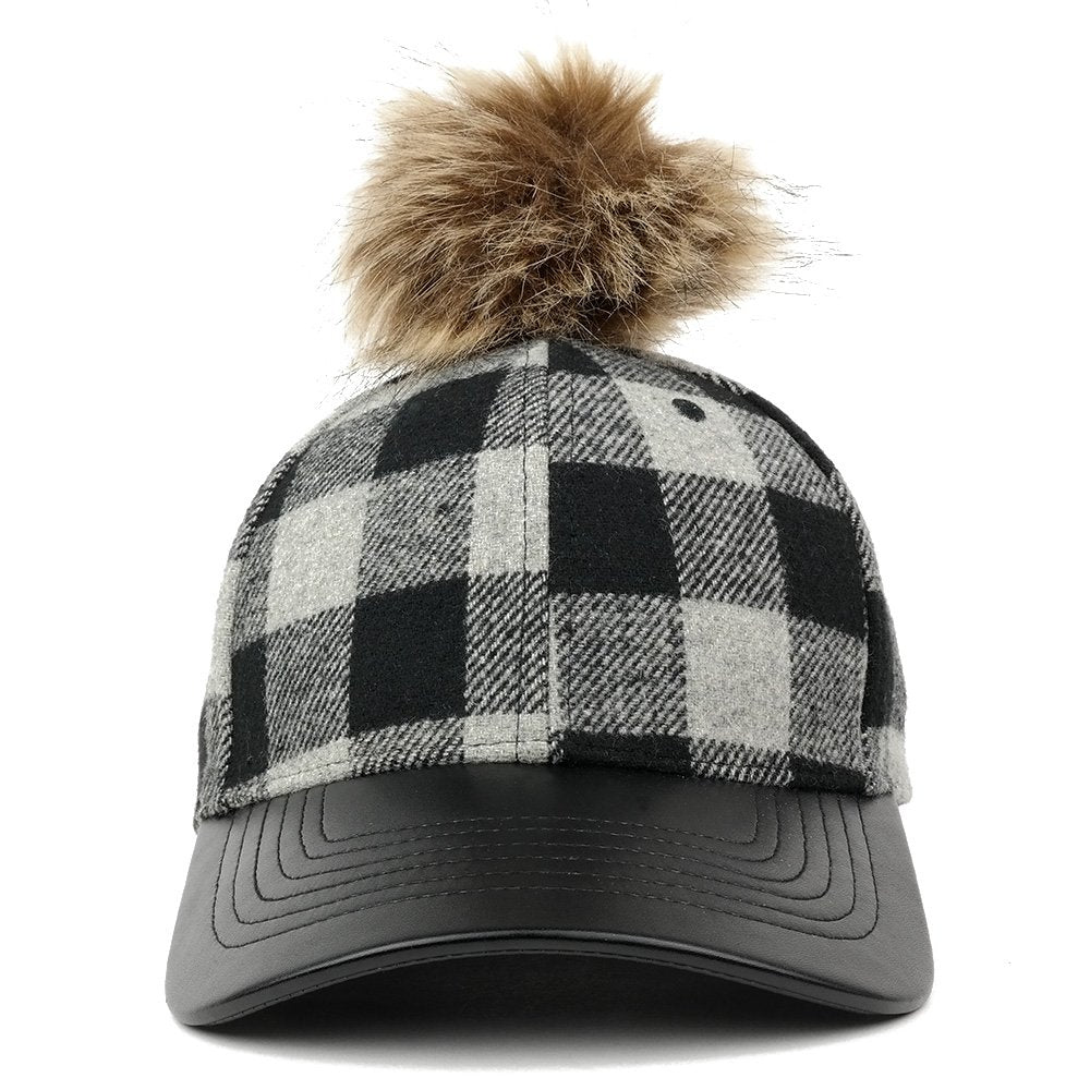 Plaid Wool Blend Ajustable Cap with PU Leather Brim and Faux Fur Pom Pom