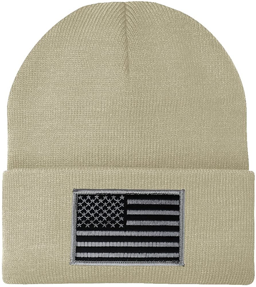 Made in USA - Black Grey American Flag Embroidered Patch Long Cuff Beanie