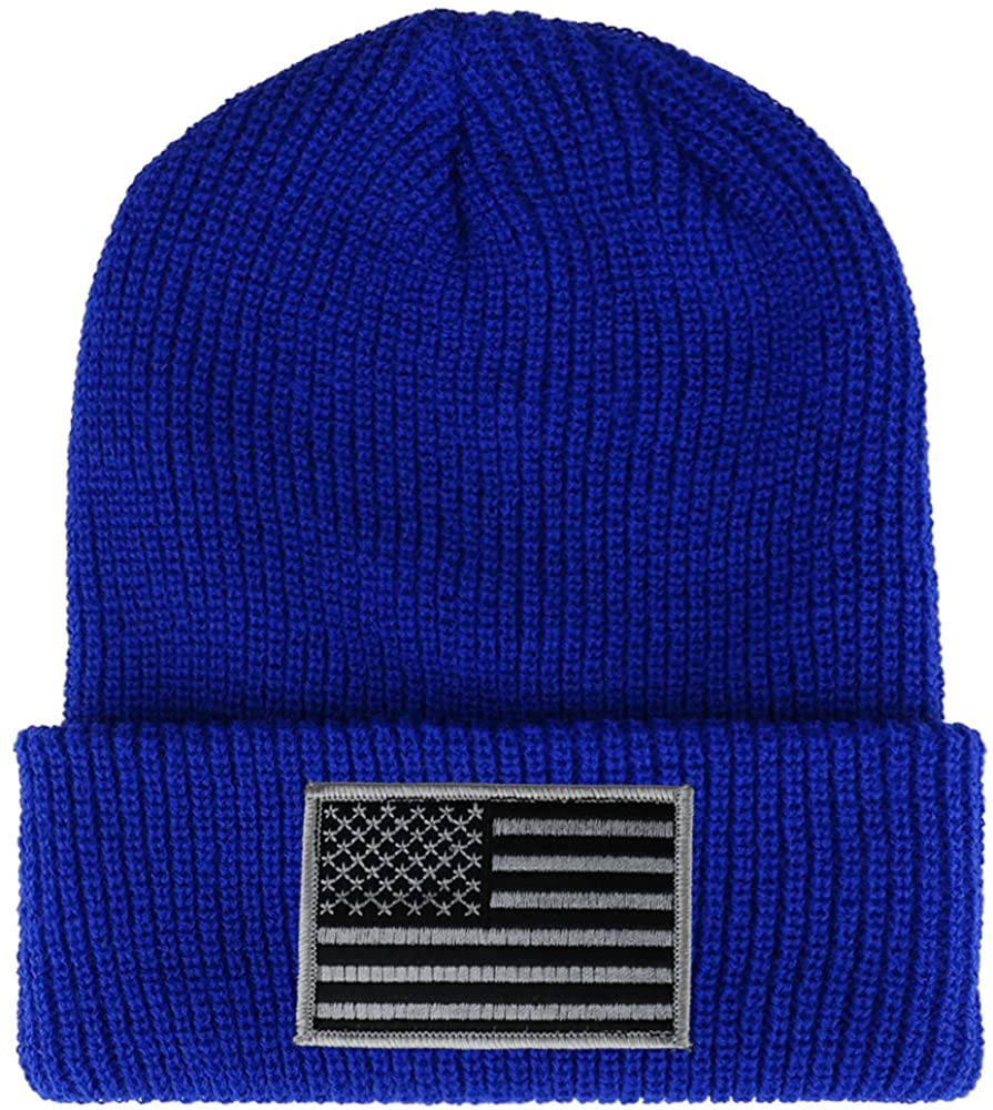 Armycrew Black Grey American Flag Embroidered Patch Ribbed Cuffed Knit Beanie - Black