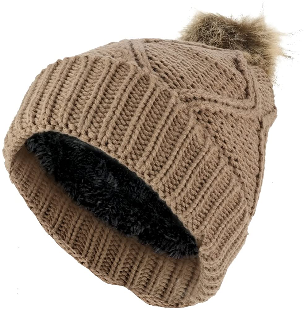 Diamond Pattern Pom Pom Cuffed Winter Knit Beanie Hat
