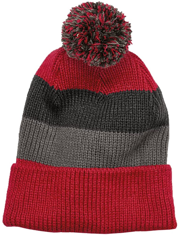Vintage Striped Acrylic Winter Beanie Hat with Removable Pom