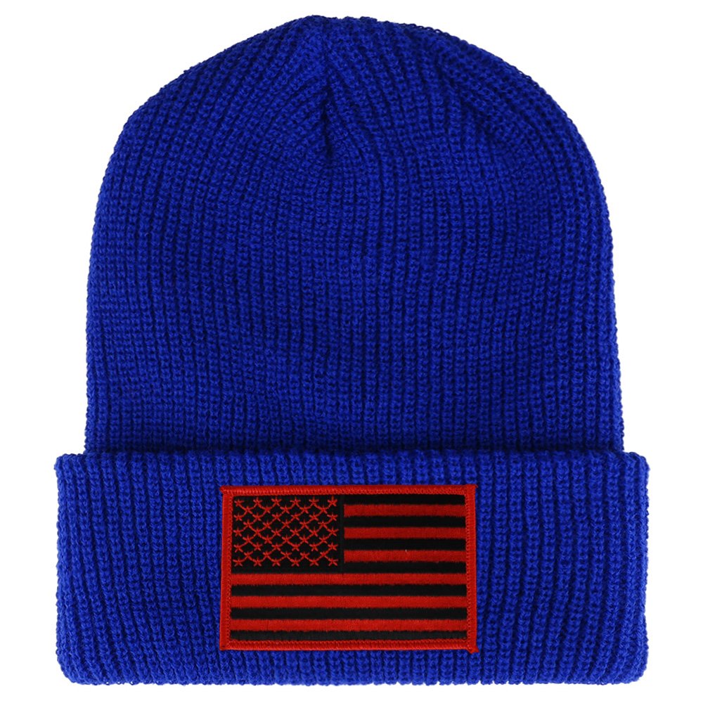 Armycrew Black RED American Flag Embroidered Patch Ribbed Cuffed Knit Beanie - Black