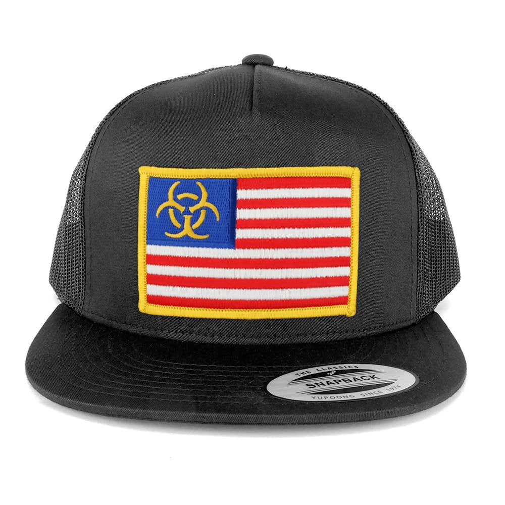 5 Panel Biohazard Yellow American Flag Embroidered Patch Flat Bill Mesh Snapback