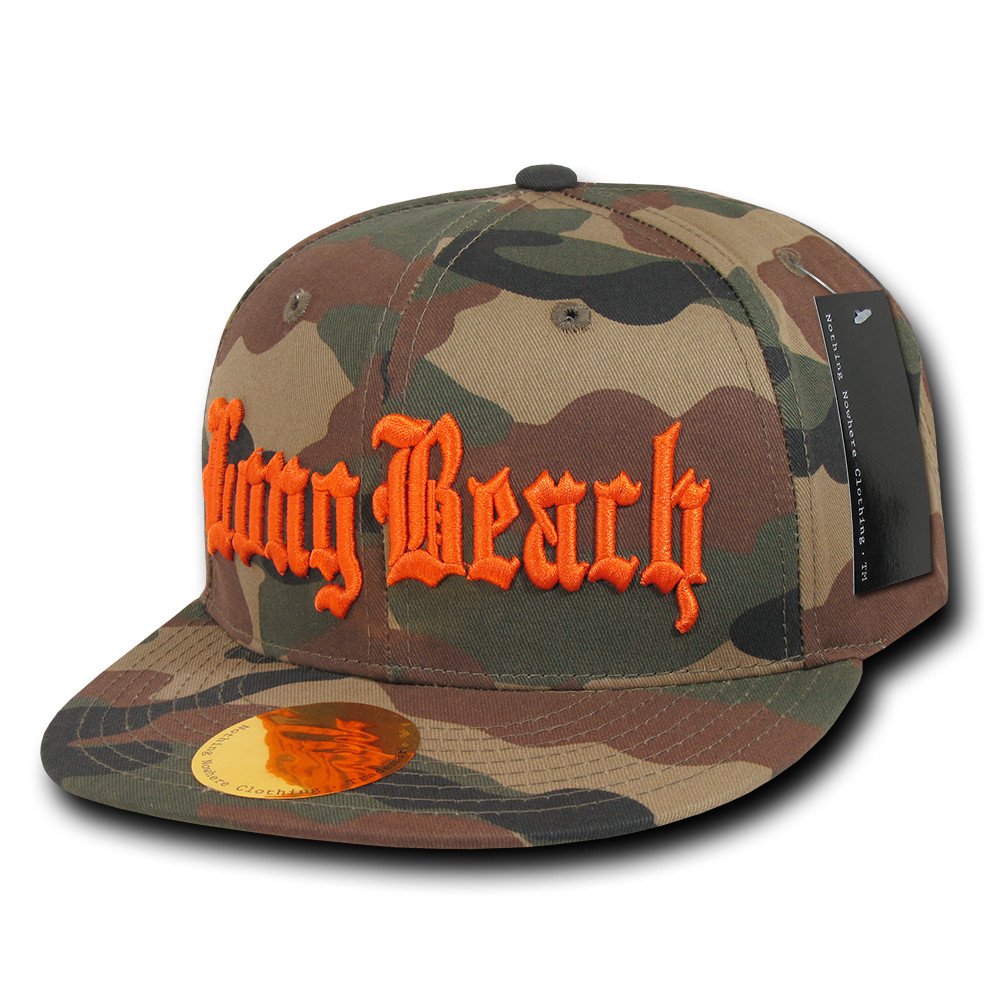 Camo Old English Embroidered Flat Bill Snapback Cotton Cap - Orange - Compton
