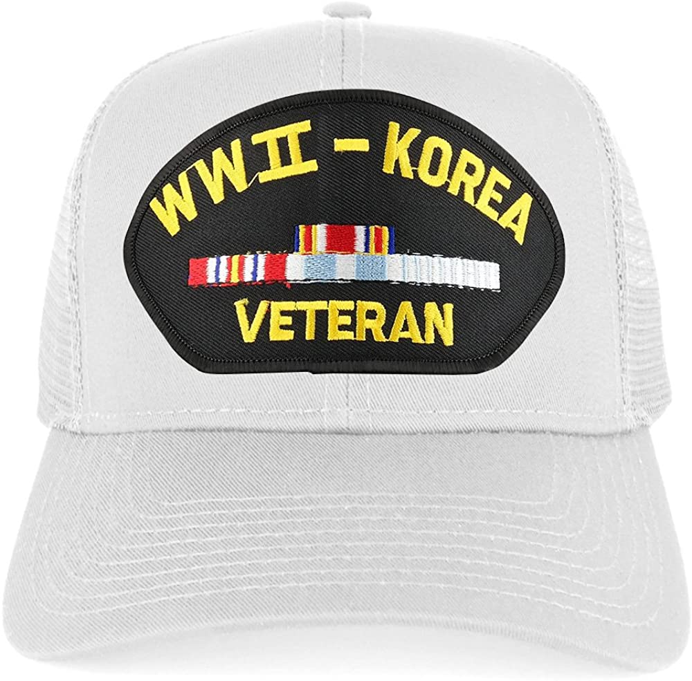 Armycrew WW2 to Korea Veteran Embroidered Patch Snapback Mesh Trucker Cap - Black
