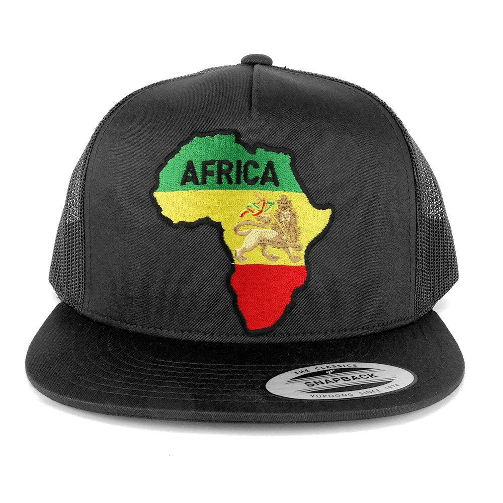 5 Panel RGY Africa Map and Rasta Lion Embroidered Patch Flat Bill Mesh Snapback