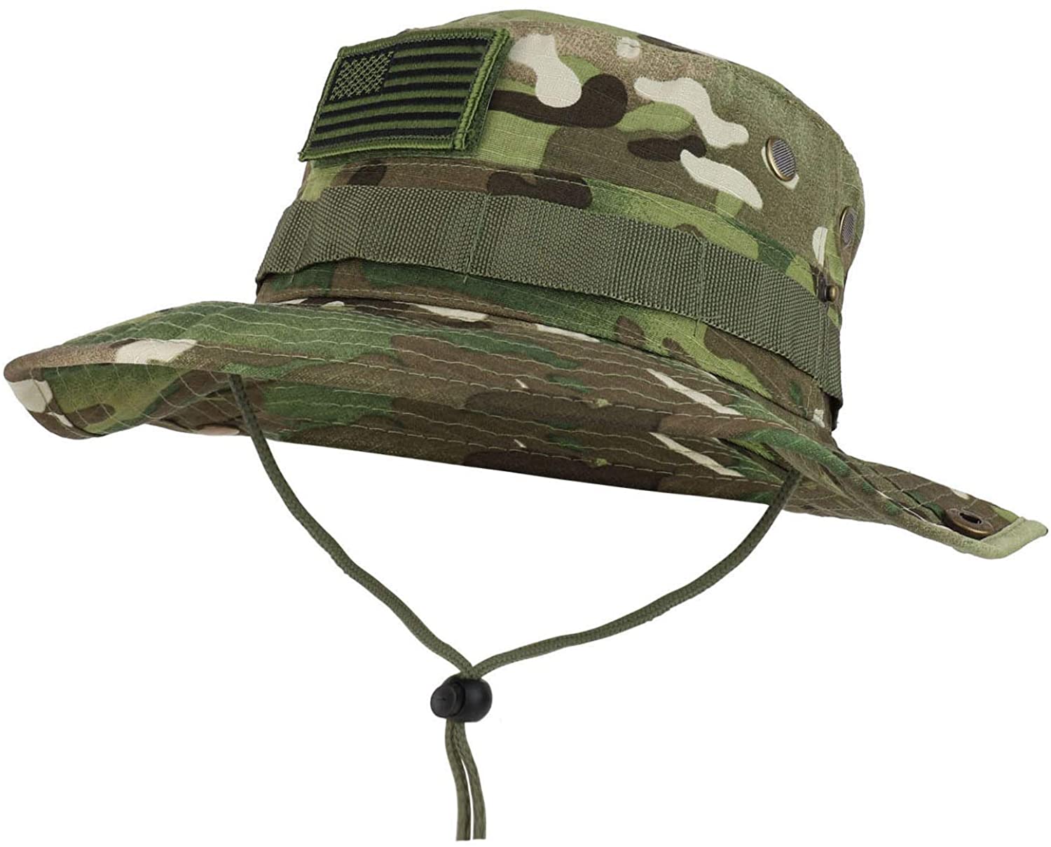 Armycrew Military American Flag Hook and Loop Patch Boonie Cap with Chin Strap