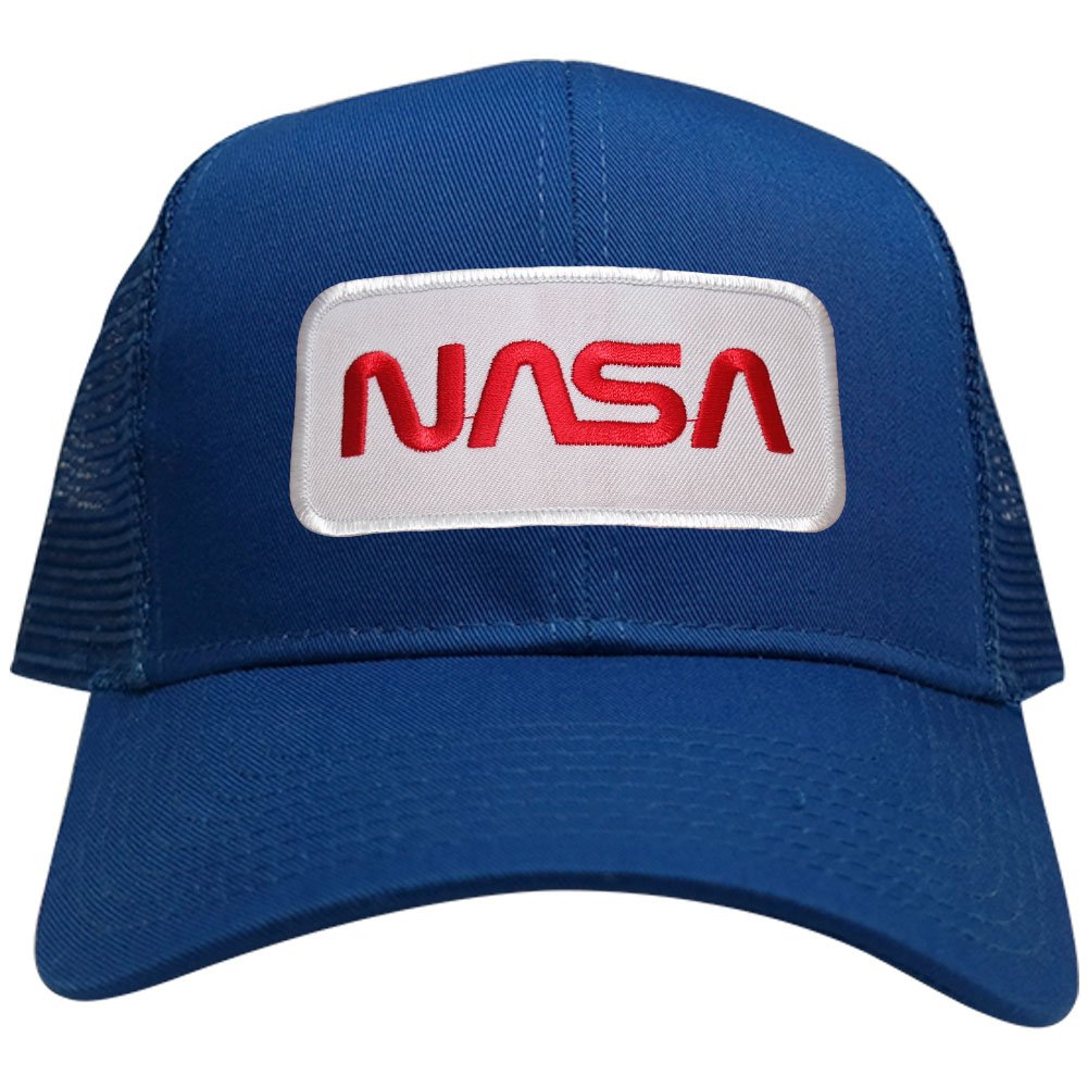 NASA Worm Red Text Embroidered Iron On Patch Snapback Trucker Mesh Cap - Black