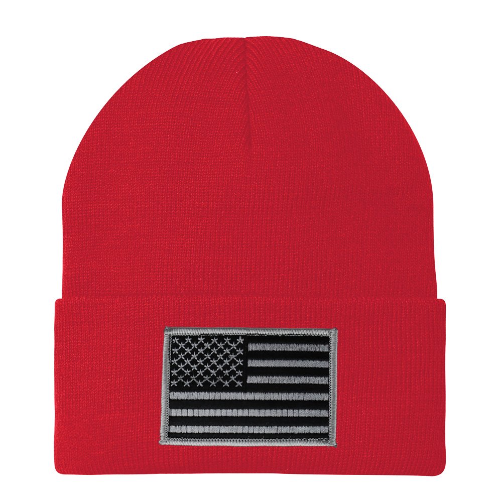 Made in USA - Black Grey American Flag Embroidered Patch Long Cuff Beanie