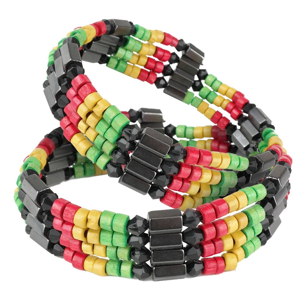 Reggae Rasta Red Green and Yellow Leather Style Unisex Round Bracelet - 2PC Set