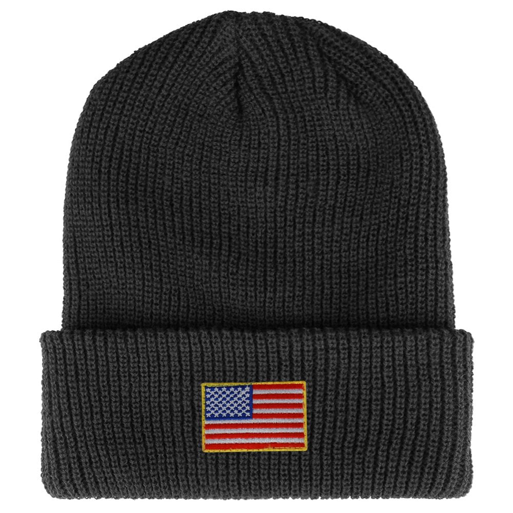 Armycrew Small American Flag Embroidered Patch Ribbed Cuffed Knit Beanie - Black