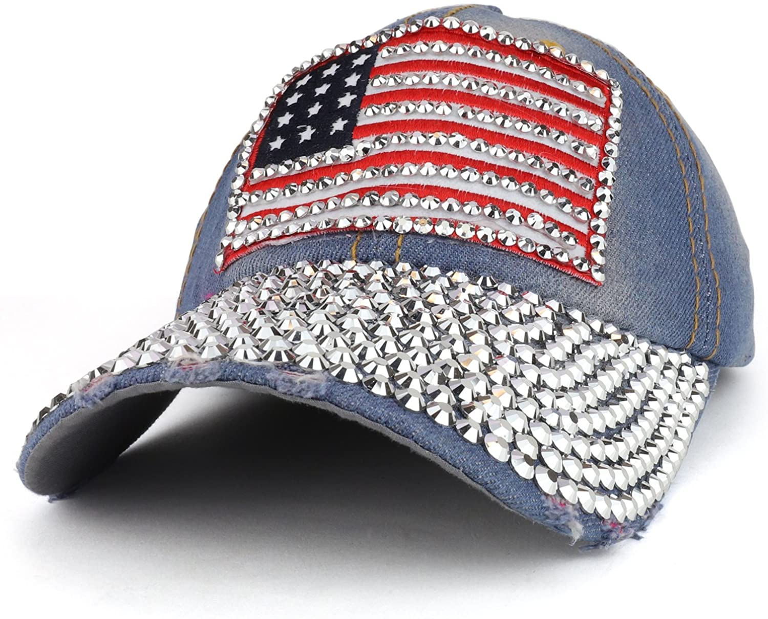 Armycrew Bling Studded US American Flag Embroidered Denim Cap with Sto