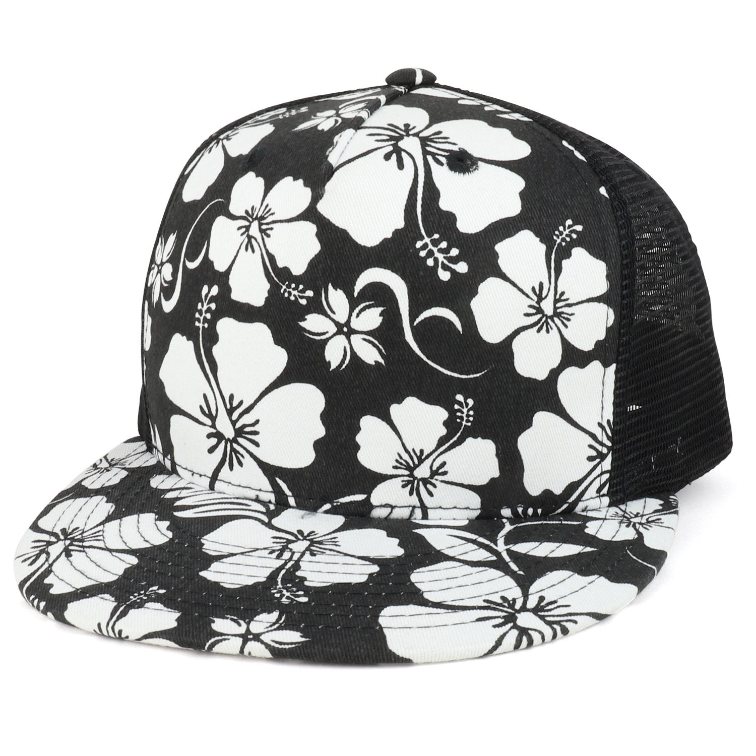 Hawaiian Floral Printed Trucker Mesh Snapback Cap - Flat Bill, Adjustable, Black - View #10