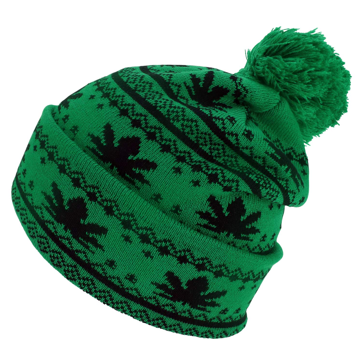 Marijuana Leafs Pom Pom Acrylic Beanie Hat - Kelly Green Black - WB071-86