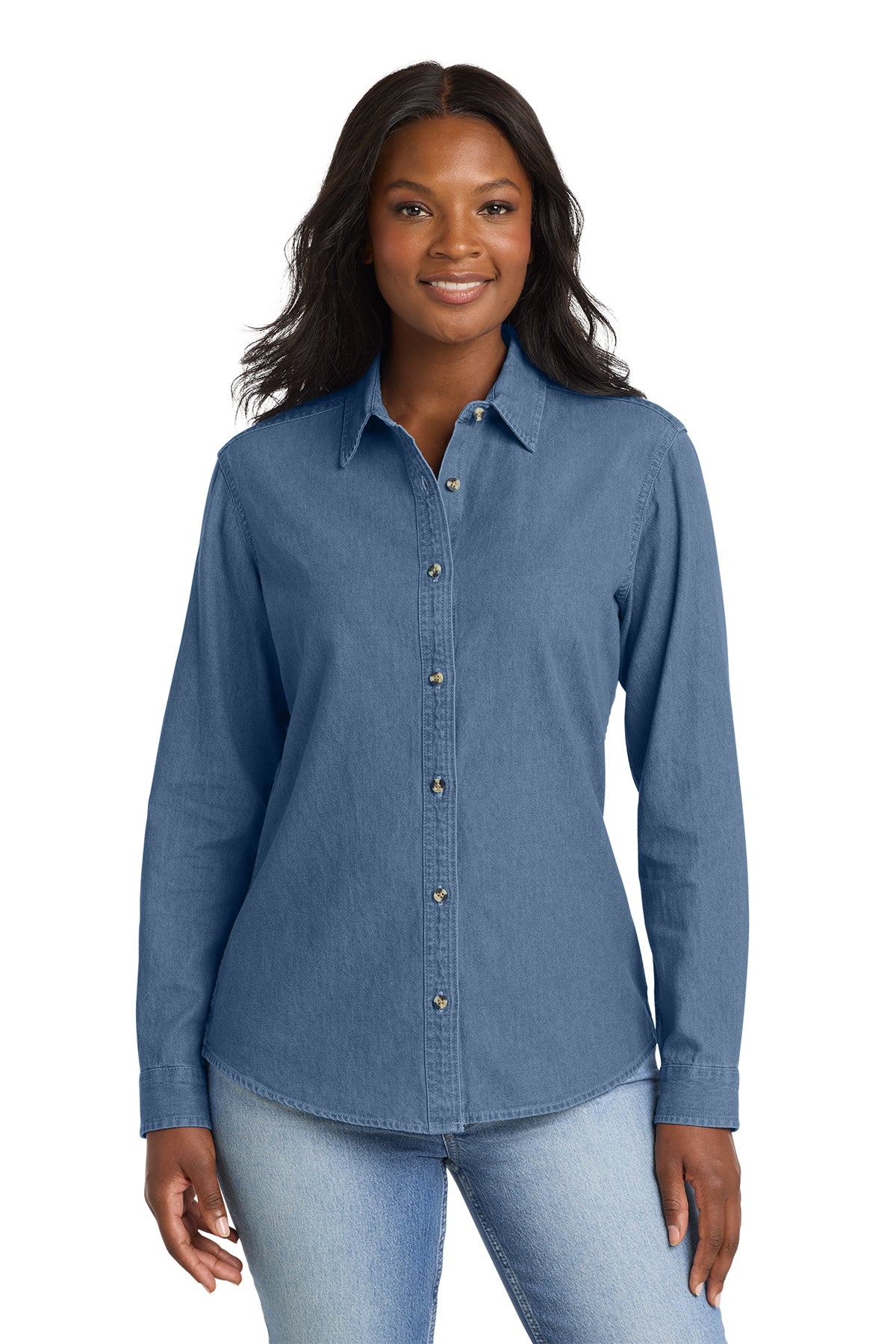 Ladies Patch Pockets Classic Cotton Denim Long Sleeve Button Up Shirt