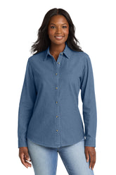 Ladies Patch Pockets Classic Cotton Denim Long Sleeve Button Up Shirt