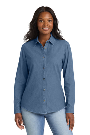 Ladies Patch Pockets Classic Cotton Denim Long Sleeve Button Up Shirt
