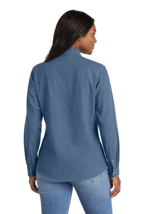 Ladies Patch Pockets Classic Cotton Denim Long Sleeve Button Up Shirt