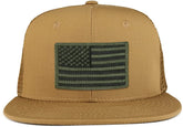 Black Olive American Flag Iron on Patch Flat Bill Ripstop Trucker Mesh Cap