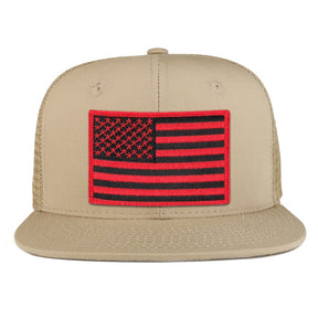 Black Red American Flag Iron on Patch Flat Bill Ripstop Trucker Mesh Cap