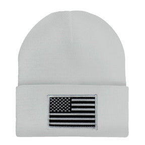 Made in USA - Black White American Flag Embroidered Patch Long Cuff Beanie