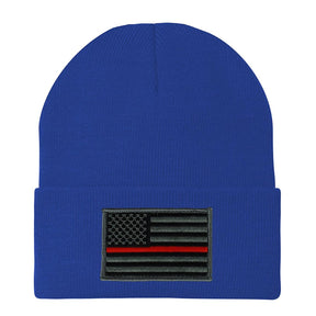 Made in USA - Thin RED Line American Flag Embroidered Patch Long Cuff Beanie