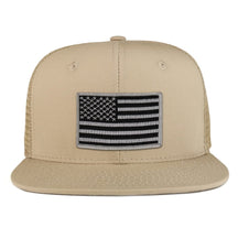 Black Grey American Flag Iron on Patch Flat Bill Ripstop Trucker Mesh Cap