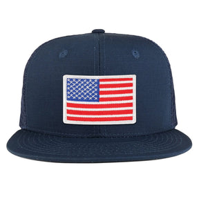 White American Flag Iron on Patch Flat Bill Ripstop Trucker Mesh Cap