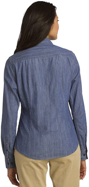 Ladies Patch Pockets Classic Cotton Denim Long Sleeve Button Up Shirt