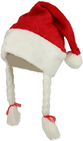 Armycrew Mrs. Santa's Christmas Red White Felt Hat with Braids and Pigtails