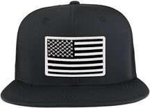 Black White American Flag Iron on Patch Flat Bill Ripstop Trucker Mesh Cap